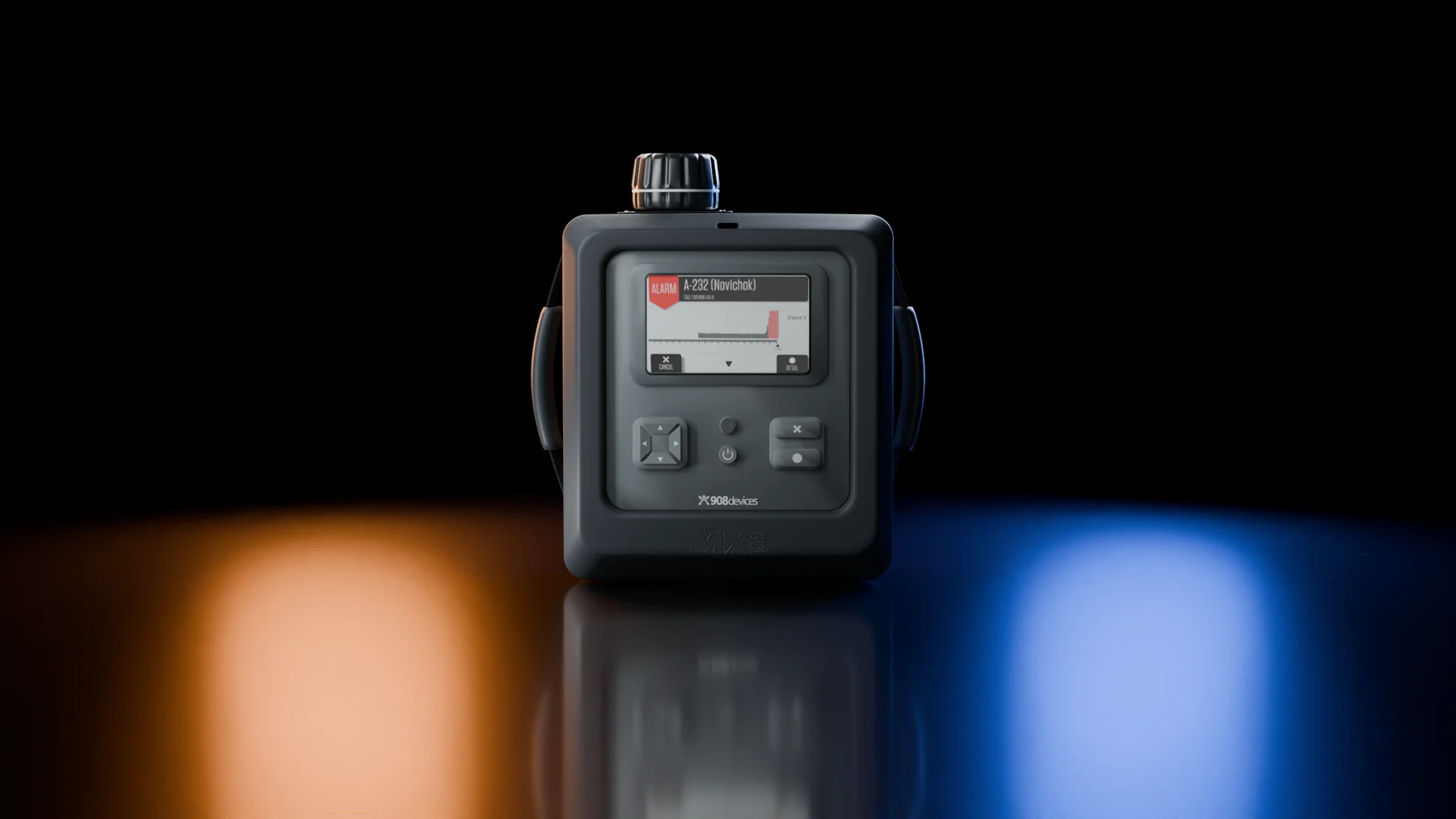 Rendu 3D du MX908 de 908 Devices, sur verre fumé avec des lumières orange et bleue