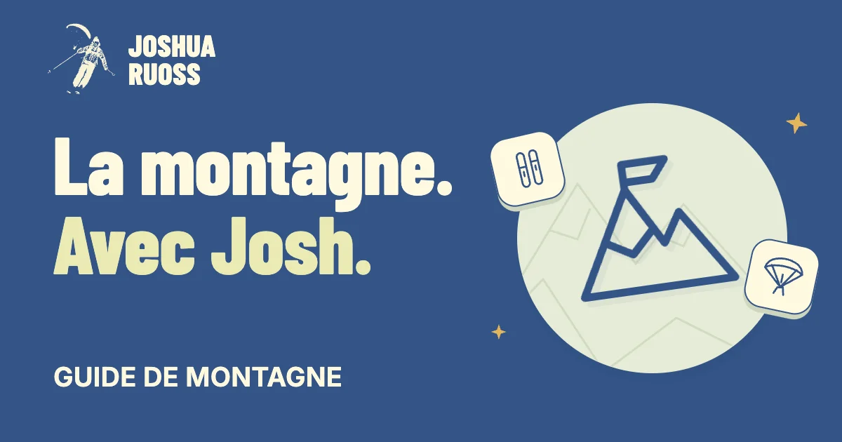 Identité du site Joshua Ruoss : bleu, crème et emblème de montagne